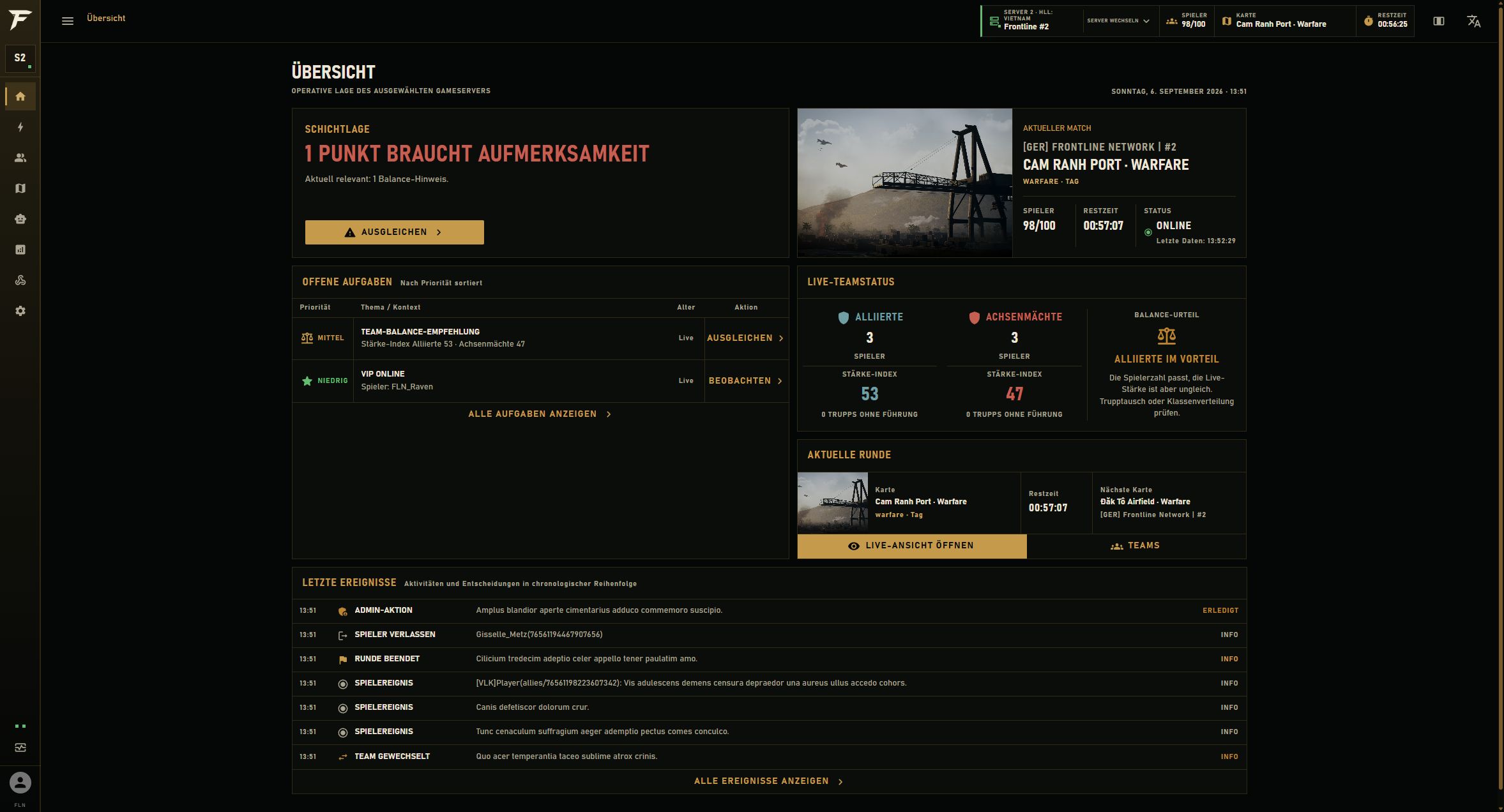 Operative Übersicht von Frontline CRCON mit Serverstatus, Team-Balance und aktuellen Ereignissen