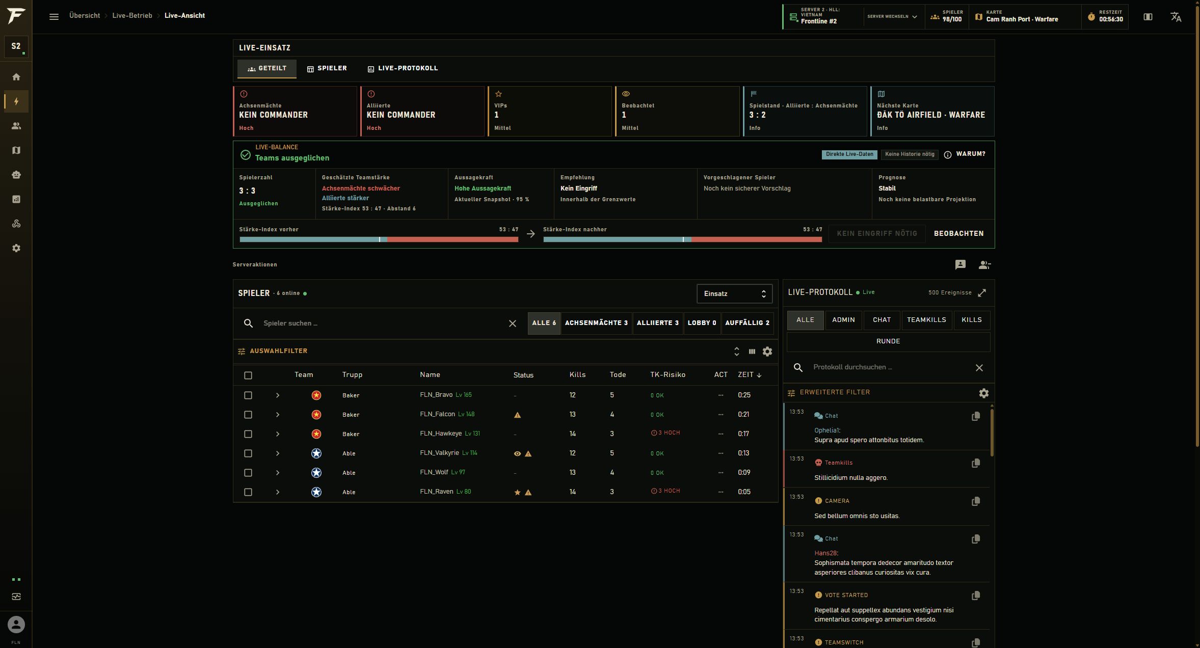 Live-Einsatz-Ansicht mit Teamstatus, Spielerliste und Live-Protokoll